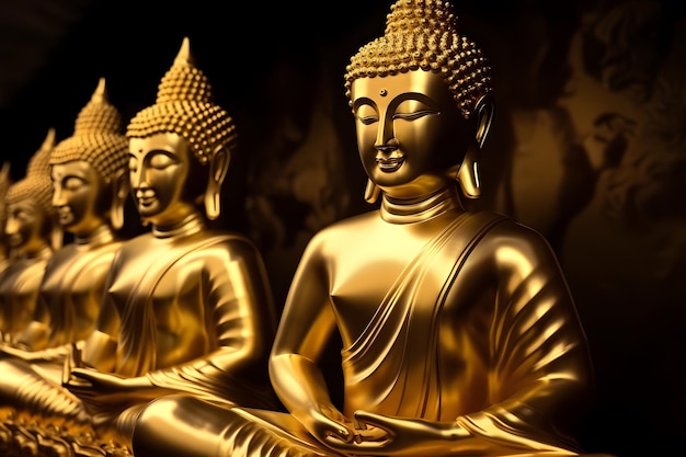 Eine Reihe goldener Buddha-Statuen sitzt in einer Reihe.