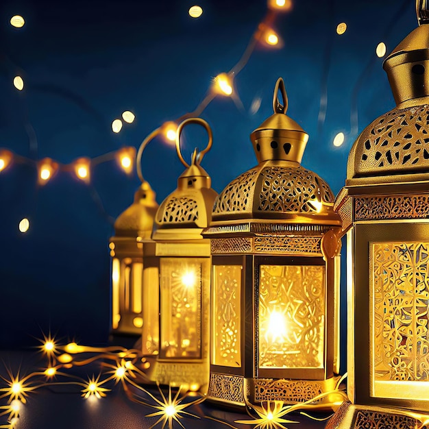 Eine Reihe goldener Laternen mit der Aufschrift „eid al-adha“ auf der Unterseite.