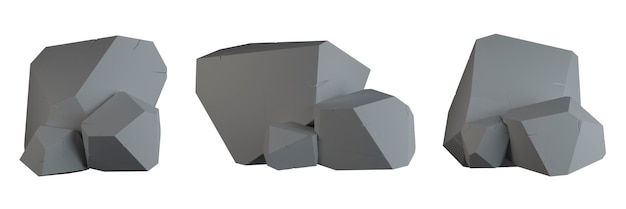 Eine Reihe grauer Steine auf weißem Hintergrund. Graue Felsen mit Rissen, 3D-Rendering