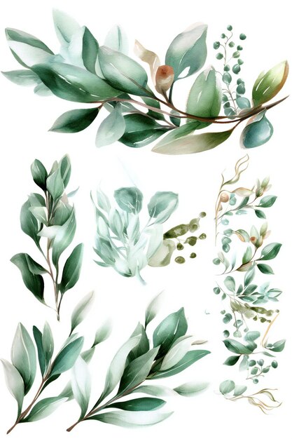 Eine Reihe grüner Blätter und Äste mit weißem Hintergrund.