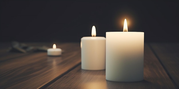 Eine Reihe Kerzen auf einem Tisch, von denen eine brennt und die andere brennt.