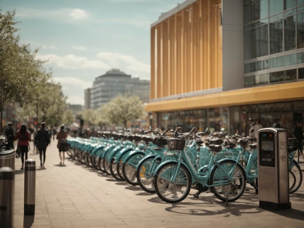 Eine Reihe nebeneinander geparkter Fahrräder auf einem Gehweg vor einem Gebäude