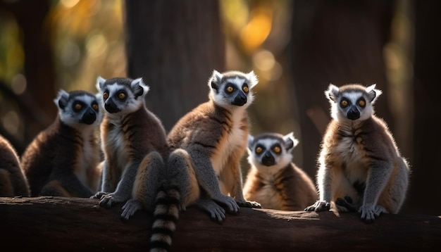 Foto eine reihe niedlicher gestreifter ringelschwanzmakis, die in einem von ki generierten baum sitzen