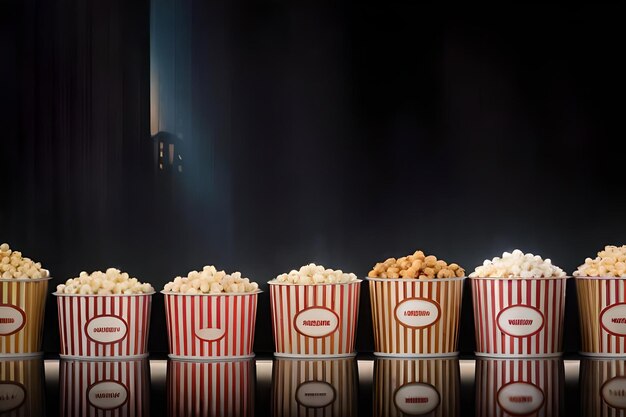 Eine Reihe Popcorn in einer Reihe mit schwarzem Hintergrund.