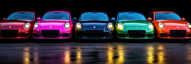 Foto eine reihe regenbogenfarbener autos mit unterschiedlicher form und größe frontview-hintergrundbeleuchtungsfotografie