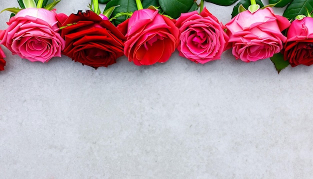 Foto eine reihe rosa und roter rosen auf weißem hintergrund