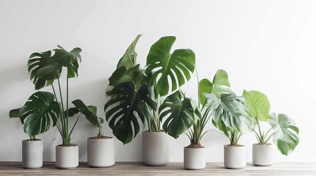 Eine Reihe Topfpflanzen an einer weißen Wand