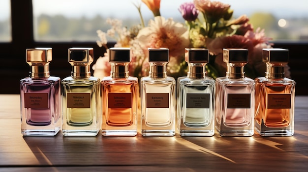 Eine Reihe verschiedener Damenparfums auf weißem Hintergrund eines Holztischs