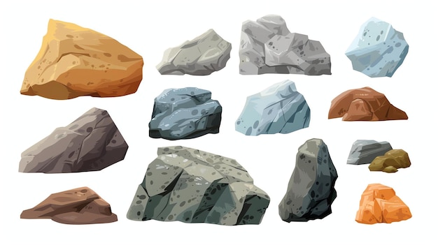Eine Reihe verschiedener Felsen und Steine Die Felsen sind verschiedener Größe und Farbe Sie sind alle in einem realistischen Stil dargestellt