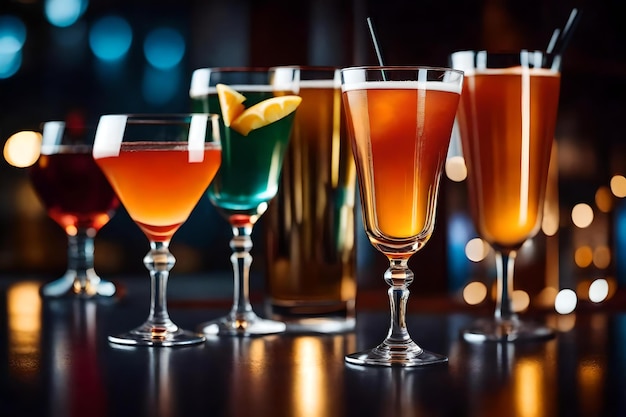 Eine Reihe verschiedenfarbiger Cocktails mit verschiedenfarbigen Getränken darin.