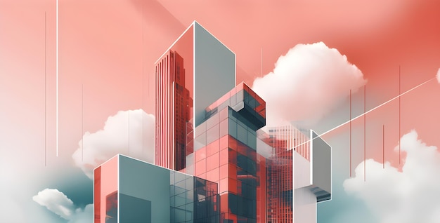 eine Reihe von Abbildungen von Gebäuden mit Wolken und einem Gebäude mit einem roten Himmel