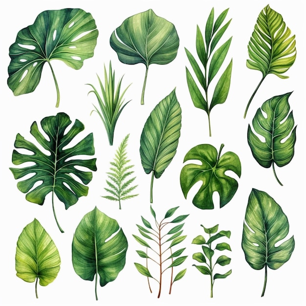 Eine Reihe von Aquarell tropischen Blätter und Pflanzen generative ai