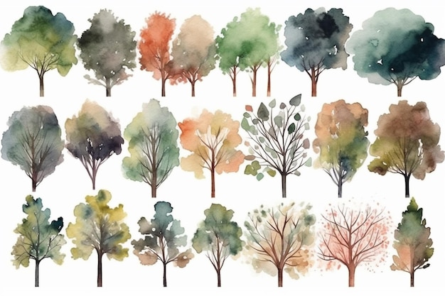 Eine Reihe von Aquarellbäumen mit verschiedenen Farben.