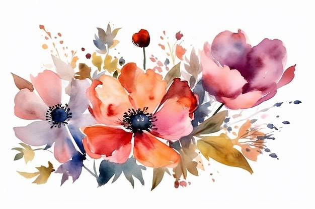 Foto eine reihe von aquarellblumen auf weißem hintergrund