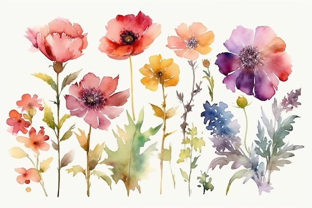 Eine Reihe von Aquarellblumen auf weißem Hintergrund