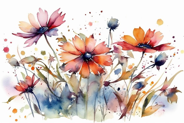 Foto eine reihe von aquarellblumen auf weißem hintergrund