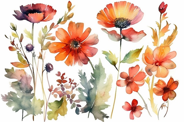 Eine Reihe von Aquarellblumen auf weißem Hintergrund