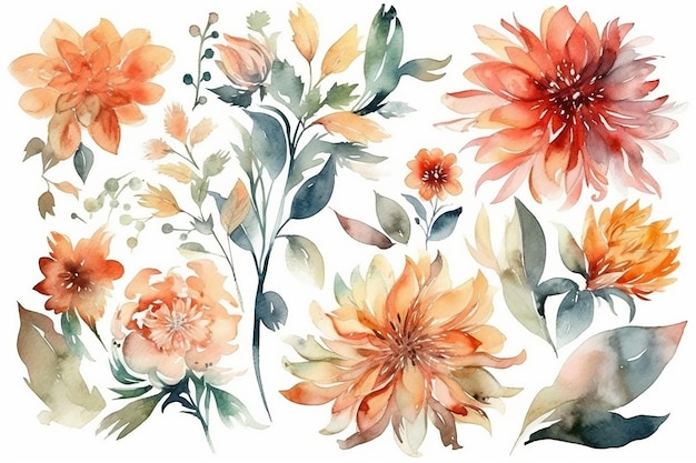 Eine Reihe von Aquarellblumen auf weißem Hintergrund