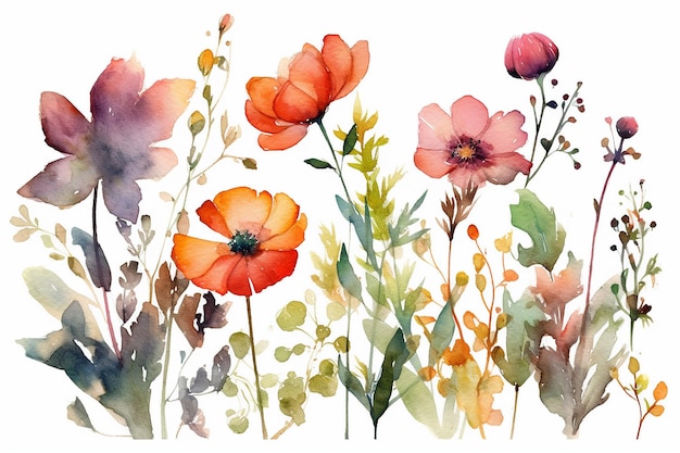 Eine Reihe von Aquarellblumen auf weißem Hintergrund