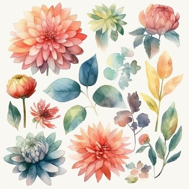 Eine Reihe von Aquarellblumen und -blättern.