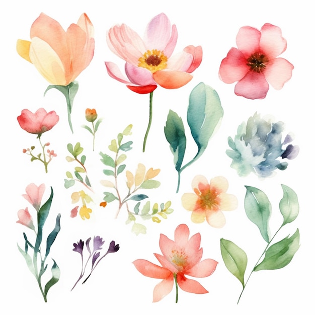 Eine Reihe von Aquarellblumen und -blättern