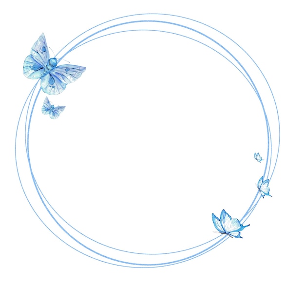 Eine Reihe von Aquarellillustrationen, blaue Schmetterlinge, Lotusblumen, hinterlässt Hände für die Gestaltung