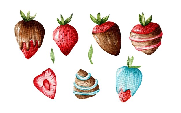 Foto eine reihe von aquarellillustrationen erdbeeren in schokoladen erdbeer desserts süßigkeiten gebäck