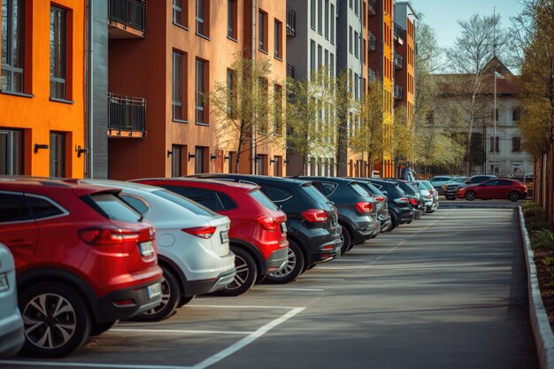 Foto eine reihe von autos, die in der nähe des gebäudes geparkt sind