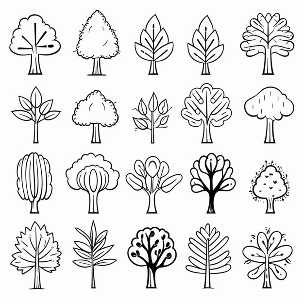 Foto eine reihe von bäumen und blättern, die in schwarz-weiß gezeichnet sind