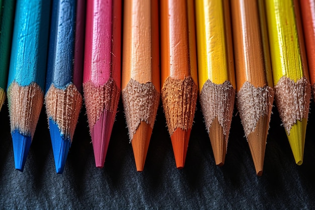 Eine Reihe von Bleistiften verschiedener Farben, darunter blau, gelb und rosa. Die Bleistifte sind in einer Linie angeordnet.