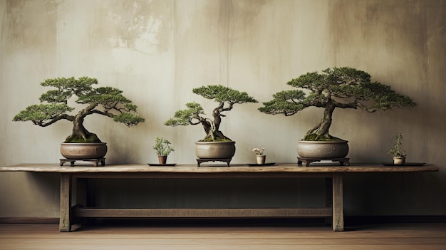 eine Reihe von Bonsai-Bäumen auf einem Regal mit einer Wand dahinter.