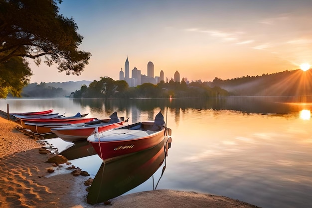 Eine Reihe von Booten steht in einer Reihe auf einem See mit einer Stadt im Hintergrund.