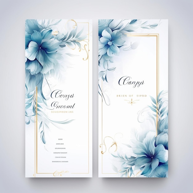 eine Reihe von Broschüren mit blauen Blumen auf dem Cover.