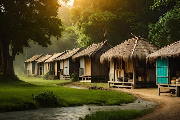 Eine Reihe von Bungalows in einem Wald mit einem Fluss im Hintergrund