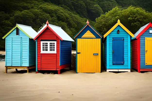 Eine Reihe von bunten Strandhütten an einem Strand