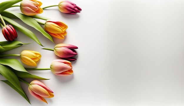 Eine Reihe von bunten Tulpen auf weißem Hintergrund