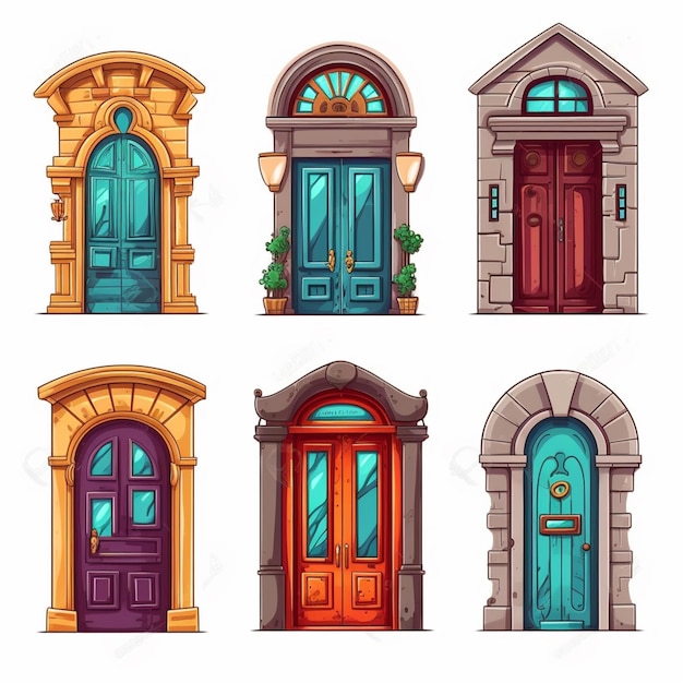 eine Reihe von Cartoon-Türen mit Fenstern und Fenstern in verschiedenen Farben, generative KI