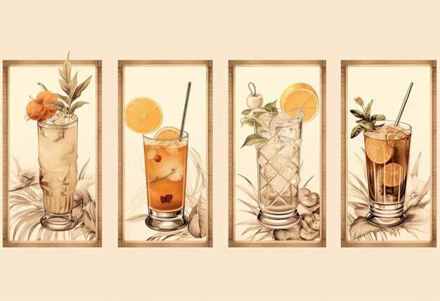 Eine Reihe von Cocktails, die auf altmodische Weise im Stil detaillierter botanischer Illustrationen gestaltet sind