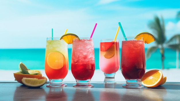 Eine Reihe von Cocktails mit einem Strand im Hintergrund