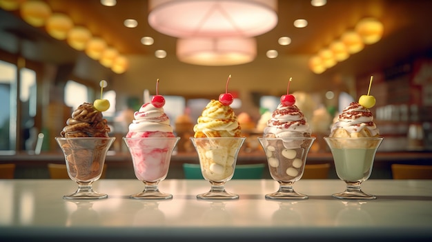 Eine Reihe von Eiscreme-Sundaes in einem Restaurant