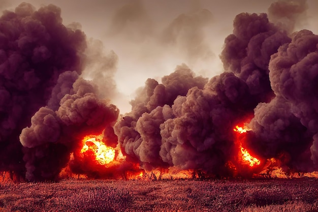 Eine Reihe von Explosionen auf dem Schlachtfeld Krieg und Zerstörung 3D-Illustration