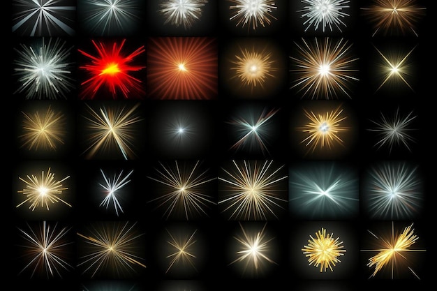 eine Reihe von Feuerwerk mit den Sternen im Hintergrund
