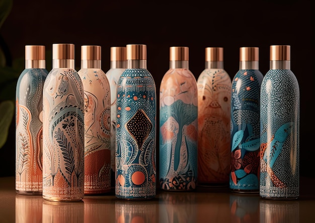 Eine Reihe von Flaschen mit unterschiedlichen Designs, darunter eine mit der Aufschrift „Elefant“