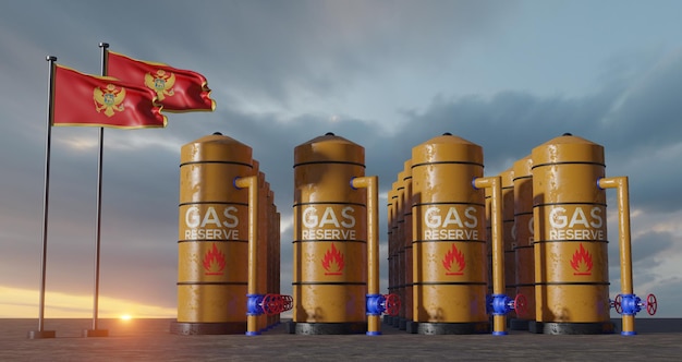 Eine Reihe von Gastanks mit der Aufschrift Gas Reserve.