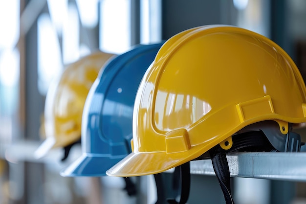 Eine Reihe von gelben und blauen Schutzhelmen, die ordentlich auf einer benutzungsbereiten Oberfläche angeordnet sind Nahaufnahme von intelligenten Helmen, die von Bauarbeitern zur Sicherheit verwendet werden