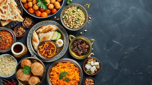 Eine Reihe von Gerichten aus dem Nahen Osten, darunter Hummus, Falafel und Reis, elegant präsentiert