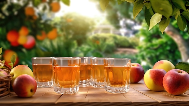 Eine Reihe von Gläsern Apfelcider auf einem Tisch mit Obsthintergrund