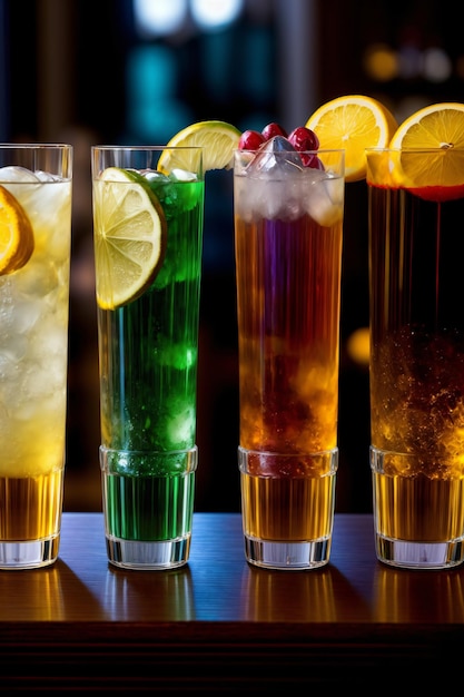 Eine Reihe von Gläsern, gefüllt mit verschiedenen Arten von Getränken