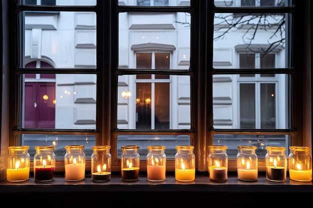 Eine Reihe von Gläsern mit aromatischen Kerzen im Fenster
