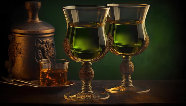 Eine Reihe von Gläsern mit einem Glas Whisky auf dem Boden